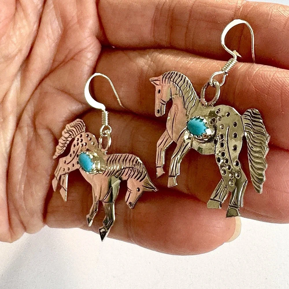 Running Horse Turquoise Navajo‎ Earrings 1.5in Sterling Signed L Yazzie Handmade